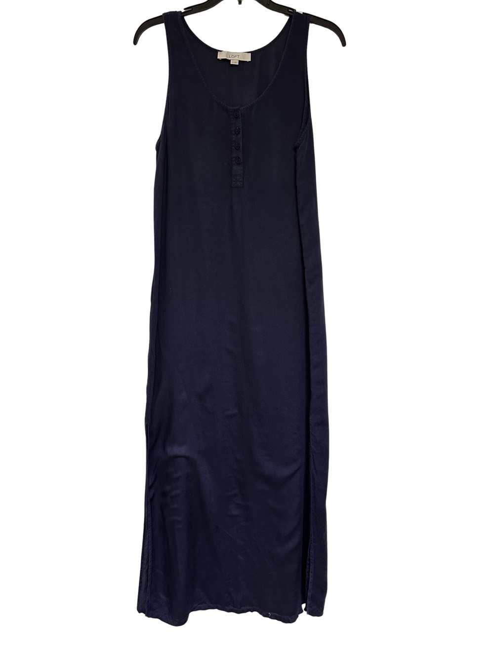 LOFT Navy Henley Maxi Tank Dress XS Side Slits Coastal Vacation Beach Summer